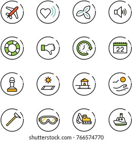 line vector icon set - plane vector, heart beat, three leafs, volume medium, lifebuoy, dislike, clock around, calendar, pawn, mat, bungalow, waves, mason hammer, protective glasses, excavator toy