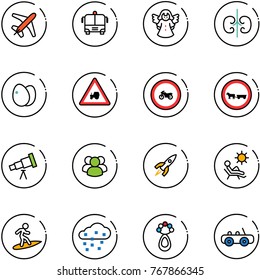 line vector icon set - plane vector, airport bus, angel, kidneys, eggs, tractor way road sign, no moto, cart horse, telescope, group, rocket, beach, surfing, snow, beanbag, toy car