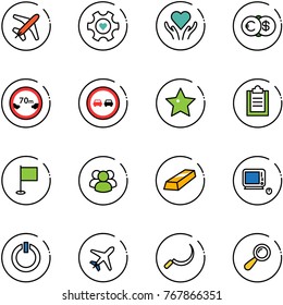 line vector icon set - plane vector, heart gear, care, euro dollar, limited distance road sign, no overtake, star, clipboard, flag, group, gold, monoblock pc, standby button, sickle, beanbag