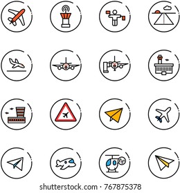 line vector icon set - plane vector, airport tower, traffic controller, runway, arrival, boarding passengers, building, road sign, paper fly, toy, helicopter