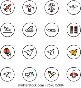 line vector icon set - plane vector, traffic controller, radar, departure, arrival, trap truck, small, seats, globe, paper, fly, toy