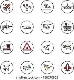 line vector icon set - plane vector, traffic controller, arrival, boarding passengers, small, helicopter, airport building, road sign, paper fly, toy