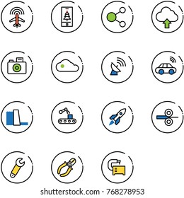 line vector icon set - plane radar vector, christmas mobile, share, upload cloud, camera, satellite antenna, car wireless, water power plant, conveyor, rocket, steel rolling, wrench, side cutters
