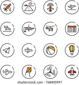 line vector icon set - plane vector, runway, radar, departure, arrival, boarding passengers, helicopter, schedule, paper fly, ball, air balloon, kite, wind mill, toy