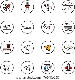 line vector icon set - plane vector, airport tower, traffic controller, runway, departure, small, helicopter, building, paper fly, toy