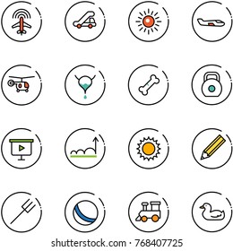 line vector icon set - plane radar vector, trap truck, sun, small, helicopter, bladder, broken bone, weight, presentation board, growth, pencil, farm fork, ball, toy train, duck
