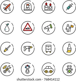 line vector icon set - plane vector, officer window, candle, syringe, pear, car crash road sign, telescope, win, clinch, drill machine, tool cabinet, brush, wrench hammer, beanbag, bear toy