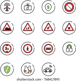 line vector icon set - plane radar vector, terrorism, safe, prohibition road sign, climb, children, wild animals, railway intersection, limited height, no pedestrian, bus, locked, shield, life vest