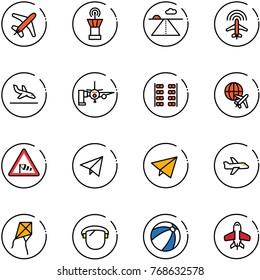 line vector icon set - plane vector, airport tower, runway, radar, arrival, boarding passengers, seats, globe, side wind road sign, paper fly, kite, protect glass, beach ball, toy