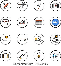 line vector icon set - plane vector, runway, suitcase, duty free, trap truck, schedule, bus road sign, lounger, palm, pyramid, passport, helicopter toy