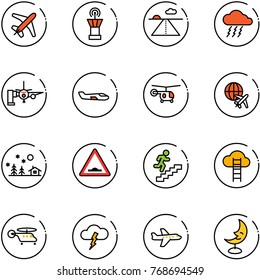 line vector icon set - plane vector, airport tower, runway, storm, boarding passengers, small, helicopter, globe, christmas landscape, artificial unevenness road sign, career, cloud ladder