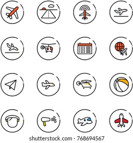 line vector icon set - plane vector, runway, radar, departure, arrival, helicopter, schedule, globe, paper fly, ball, protect glass, dryer, toy