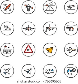 line vector icon set - plane vector, traffic controller, runway, departure, arrival, boarding passengers, helicopter, airport building, road sign, paper fly, toy