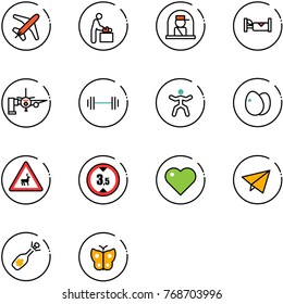 line vector icon set - plane vector, baby room, officer window, hotel, boarding passengers, barbell, gymnastics, eggs, wild animals road sign, limited height, heart, paper fly, fizz opening