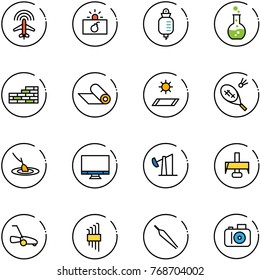 Line Vector Icon Set - Plane Radar Vector, Terrorism, Drop Counter, Round Flask, Brick Wall, Mat, Badminton, Fishing, Monitor, Oil Derrick, Milling Cutter, Lawn Mower, Allen Key Set, Forceps, Camera