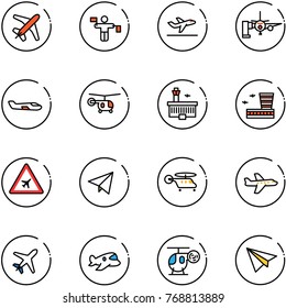 line vector icon set - plane vector, traffic controller, departure, boarding passengers, small, helicopter, airport building, road sign, paper fly, toy