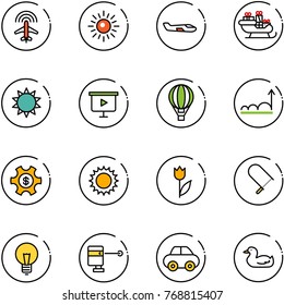 line vector icon set - plane radar vector, sun, small, santa sleigh, presentation board, air balloon, growth, money managemet, tulip, fretsaw, bulb, laser lever, car, toy duck