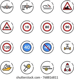 line vector icon set - plane vector, boarding passengers, snowmobile, steep roadside road sign, for moto, speed limit 10, 80, 90, 120, minimal, end, gyroscope, cruiser, Angular grinder, trailer