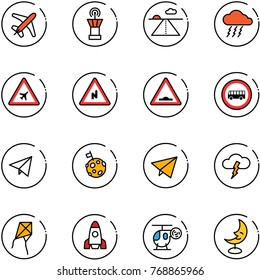 line vector icon set - plane vector, airport tower, runway, storm, road sign, abrupt turn right, artificial unevenness, no bus, paper fly, moon flag, kite, rocket, helicopter toy, lamp