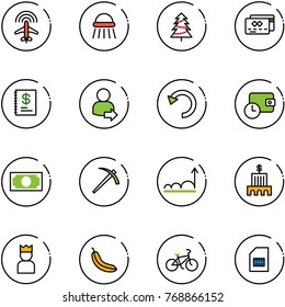 line vector icon set - plane radar vector, shower, christmas tree, credit card, annual report, user login, undo, wallet time, money, job, growth, bank building, king, banana, bike, sim