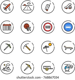 line vector icon set - plane vector, runway, suitcase, trap truck, schedule, globe, customs road sign, bus, job, rock axe, beach, lounger, mountains, trailer, helicopter toy
