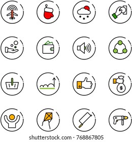 line vector icon set - plane radar vector, christmas glove, snowfall, cash pay, wallet, volume max, social, basket, growth, finger up, rich, success, kite, metal hacksaw, drill machine