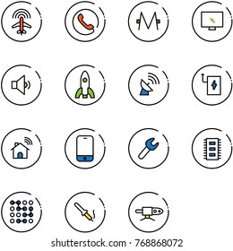 line vector icon set - plane radar vector, phone, monero, monitor cursor, low volume, rocket, satellite antenna, power bank, wireless home, mobile, wrench, chip, circuit, soldering iron