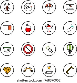 line vector icon set - plane radar vector, 24 hours, credit card, ticket, christmas glove, deer hat, eggplant, receipt, prohibition road sign, cursor, air balloon, diamond, rainbow, mat