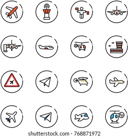 line vector icon set - plane vector, airport tower, traffic controller, boarding passengers, small, helicopter, building, road sign, paper fly, toy