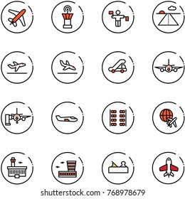 line vector icon set - plane vector, airport tower, traffic controller, runway, departure, arrival, trap truck, boarding passengers, small, seats, globe, building, jointer, toy