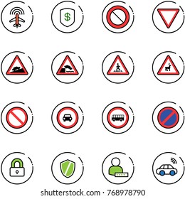 line vector icon set - plane radar vector, safe, prohibition road sign, giving way, climb, embankment, pedestrian, wild animals, no car, bus, parking, locked, shield, user password, wireless
