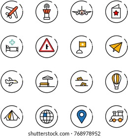 line vector icon set - plane vector, airport tower, star postcard, hospital bed, intersection road sign, flag, paper fly, inflatable pool, flip flops, air balloon, tent, globe, navigation pin