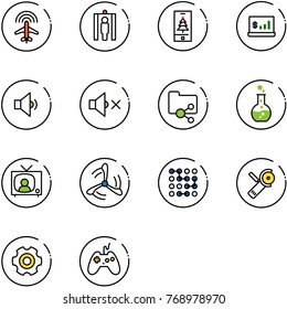 line vector icon set - plane radar vector, metal detector gate, christmas mobile, account statistics, low volume, off, shared folder, round flask, tv news, wind mill, circuit, Angular grinder, gear