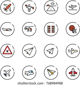 line vector icon set - plane vector, traffic controller, runway, departure, small, helicopter, seats, globe, airport road sign, paper, fly, toy