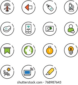 line vector icon set - plane radar vector, left arrow, medical label, lab, meat, mobile heart monitor, credit card, user login, flag, globe, gold medal, business idea, beach, notebook wi fi