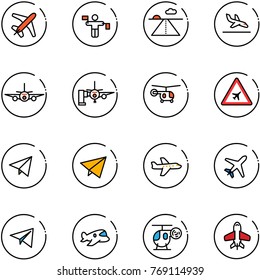 line vector icon set - plane vector, traffic controller, runway, arrival, boarding passengers, helicopter, airport road sign, paper fly, toy