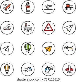 line vector icon set - plane vector, airport tower, departure, baggage, trap truck, building, road sign, paper, fly, air balloon, helicopter, toy
