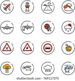 line vector icon set - plane vector, airport tower, runway, clouds, boarding passengers, globe, snowfall, road sign, abrupt turn right, no bus, moon flag, cloud ladder, helicopter, rain, toy