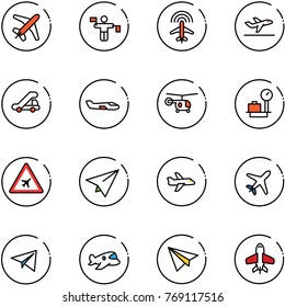 line vector icon set - plane vector, traffic controller, radar, departure, trap truck, small, helicopter, baggage scales, airport road sign, paper, toy