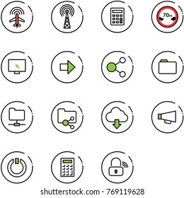 line vector icon set - plane radar vector, antenna, calculator, limited distance road sign, monitor cursor, right arrow, share, folder, network, shared, download cloud, loudspeaker, standby