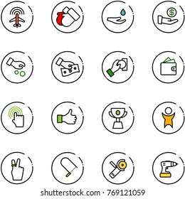 line vector icon set - plane radar vector, gloves, drop hand, investment, cash pay, wallet, cursor, like, cup, success, victory, fretsaw, Angular grinder, drill