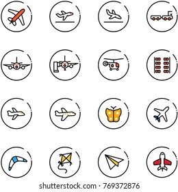 line vector icon set - plane vector, departure, arrival, baggage truck, boarding passengers, helicopter, seats, butterfly, boomerang, kite, paper, toy