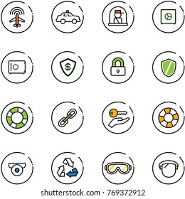 line vector icon set - plane radar vector, safety car, officer window, safe, locked, shield, lifebuoy, link, key hand, surveillance camera, recycling, protective glasses, protect glass