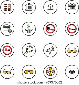 line vector icon set - plane seats vector, bank, account, no trailer road sign, cart horse, truck overtake, magnifier, telescope, sunglasses, parasol, eye scanner