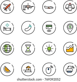 line vector icon set - plane vector, boarding passengers, small, angel, hospital bed, eggplant, tap pay, dollar pin, globe, sand clock, bulb, growth, watermelone, bungalow, mouse wireless, printer