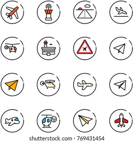 line vector icon set - plane vector, airport tower, runway, arrival, helicopter, building, road sign, paper fly, toy