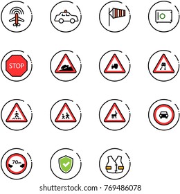 line vector icon set - plane radar vector, safety car, side wind, safe, stop road sign, climb, tractor way, slippery, pedestrian, children, wild animals, no, limited distance, shield check
