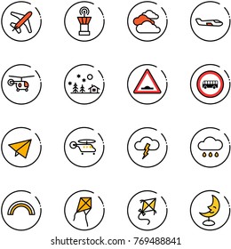 line vector icon set - plane vector, airport tower, clouds, small, helicopter, christmas landscape, artificial unevenness road sign, no bus, paper fly, storm, rain cloud, rainbow, kite, moon lamp