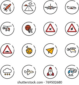 line vector icon set - plane vector, runway, small, helicopter, globe, airport road sign, abrupt turn right, artificial unevenness, moon flag, paper fly, rain cloud, rocket, toy