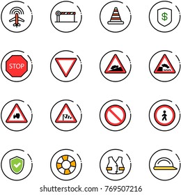 line vector icon set - plane radar vector, barrier, road cone, safe, stop sign, giving way, climb, embankment, tractor, side wind, prohibition, no pedestrian, shield check, lifebuoy, life vest